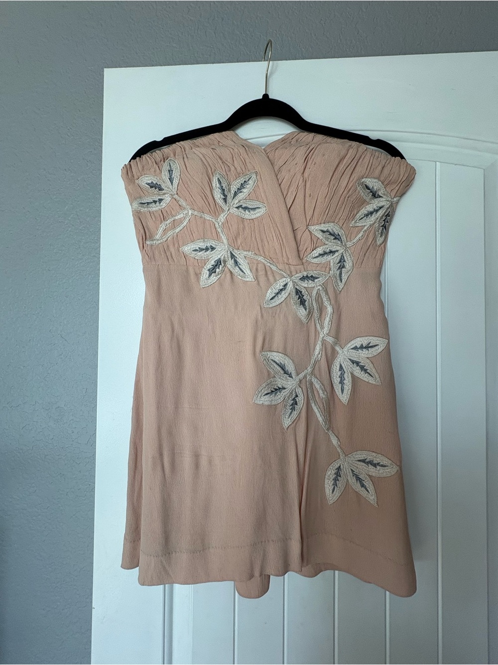 Free People Strapless Blush Pink Embroidered Leaf Dress
